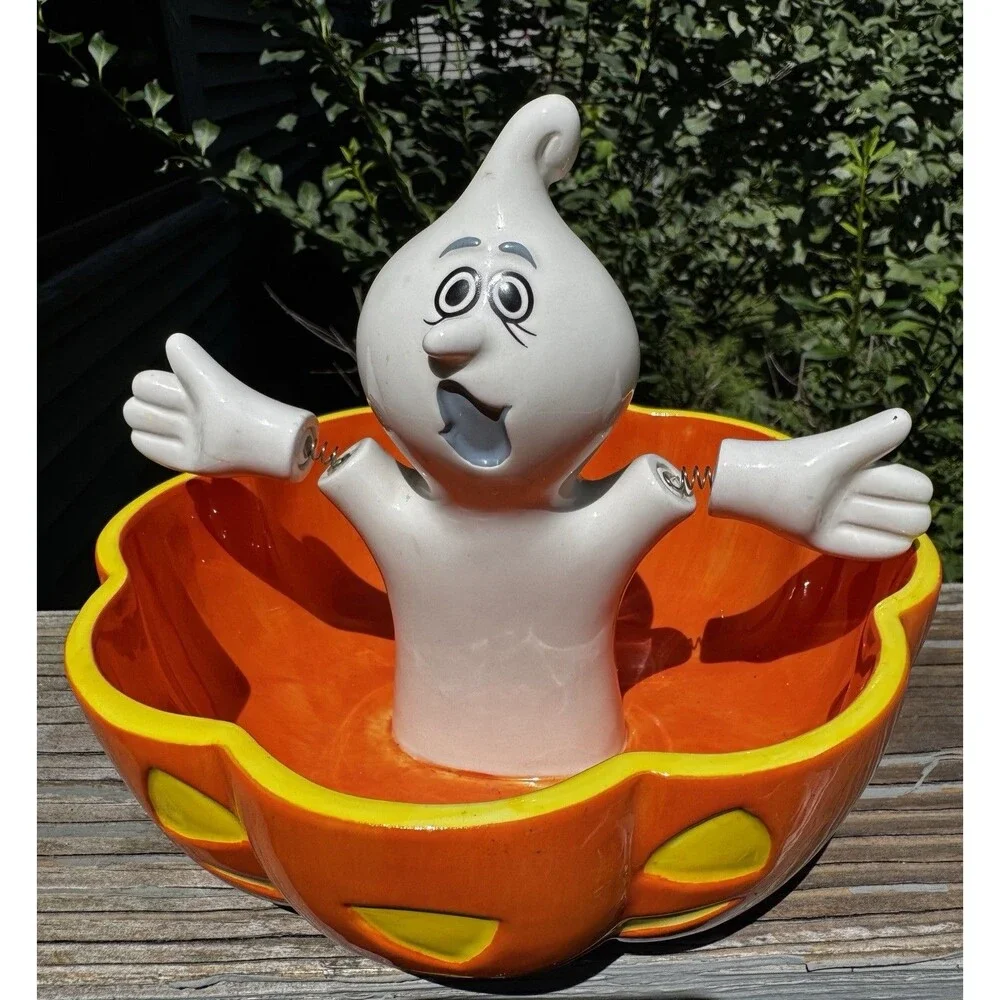 VTG Department 56 Halloween Ghost in Pumpkin Candy Dish Bowl Jiggle Spring Arms